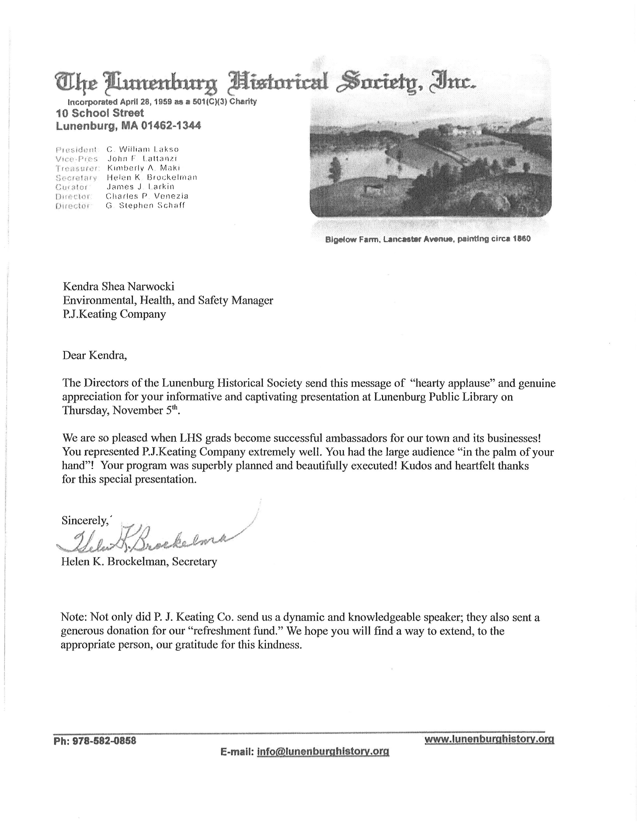 Lunenburg Historical Society Thank You Letter