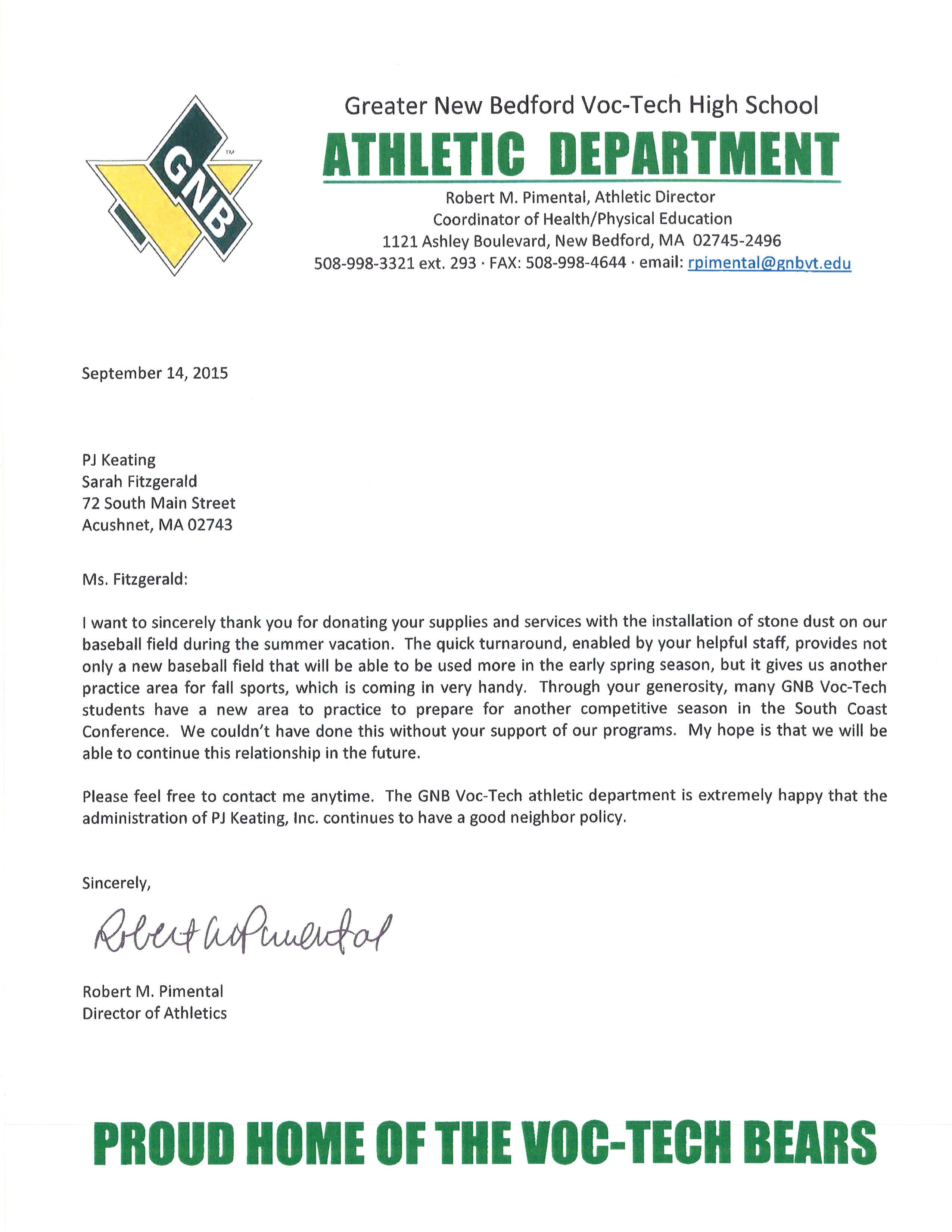 Greater New Bedford Voc-Tech Thank You Letter